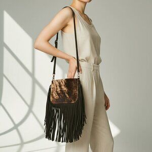 NWT $495 Origene Designer Leather Fringe Crossbody Black/Cream Luxury Handbag